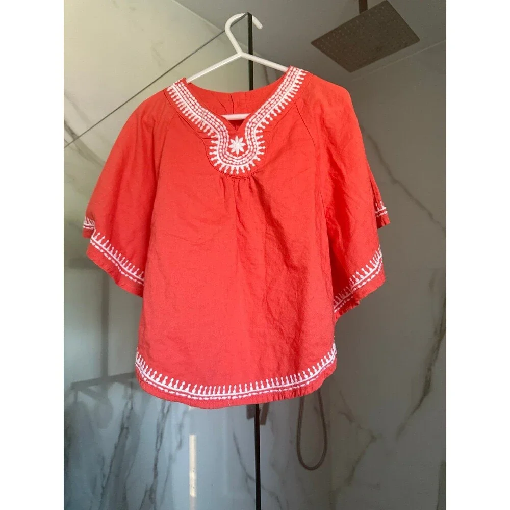Girls’ Coral Cotton Top with Embroidered Details Toddler 4 years